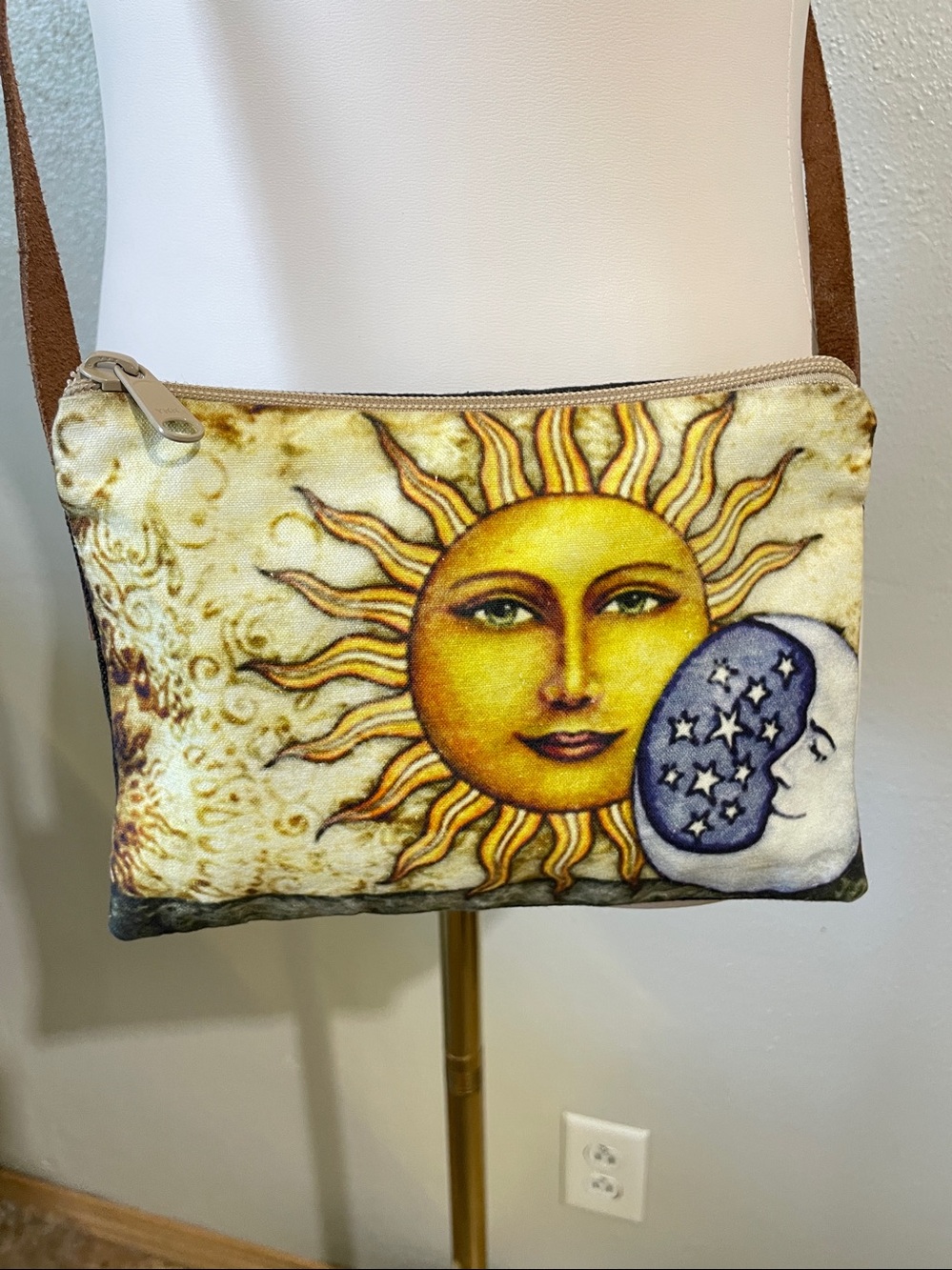 Celestrial Sun Moon Leather Strap Shoulder Bag Zip Top Artisan Handbag Artisan